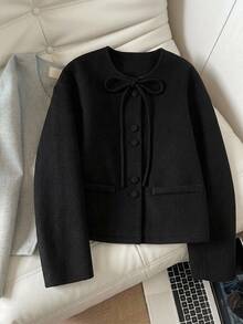 SHEIN 青少年女孩秋冬優雅黑色鈕扣裝飾短款大衣，返校季加厚冬季外套 - 黑色 - 查看 1