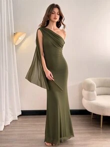SHEIN Tall 女款優雅純色不對稱肩長洋裝，舞會晚宴正式夏季婚禮賓客穿著，深棕色，高挑顯長 - 軍綠色 - 查看 7