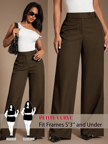 SHEIN PETITE CURVE 大尺碼女款純色高腰鈕扣設計休閒寬腿長褲 秋季 - 巧克力棕 - 查看 1
