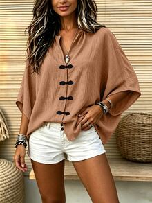 Breezaya Plus Size Vintage Holiday Frog Button Fashion Shirt - Brown - View 3