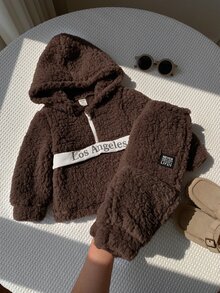 SHEIN 男嬰可愛休閒秋冬米色毛絨連帽衛衣與鬆緊腰長褲套裝 - 棕色 - 查看 7