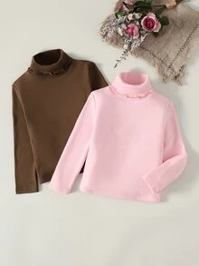 SHEIN Young Girl 2件組女童針織領休閒T恤冬衣，秋季女童上衣，適合日常休閒穿著 - 彩色 - 查看 8