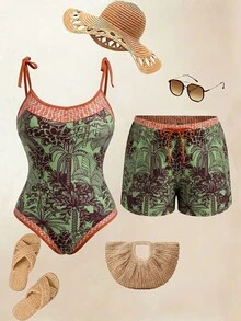 Swim Oasis Plus Size Coconut Tree Print One-Piece Swimsuit With Drawstring Waist Shorts Set - Multicolor - View 1