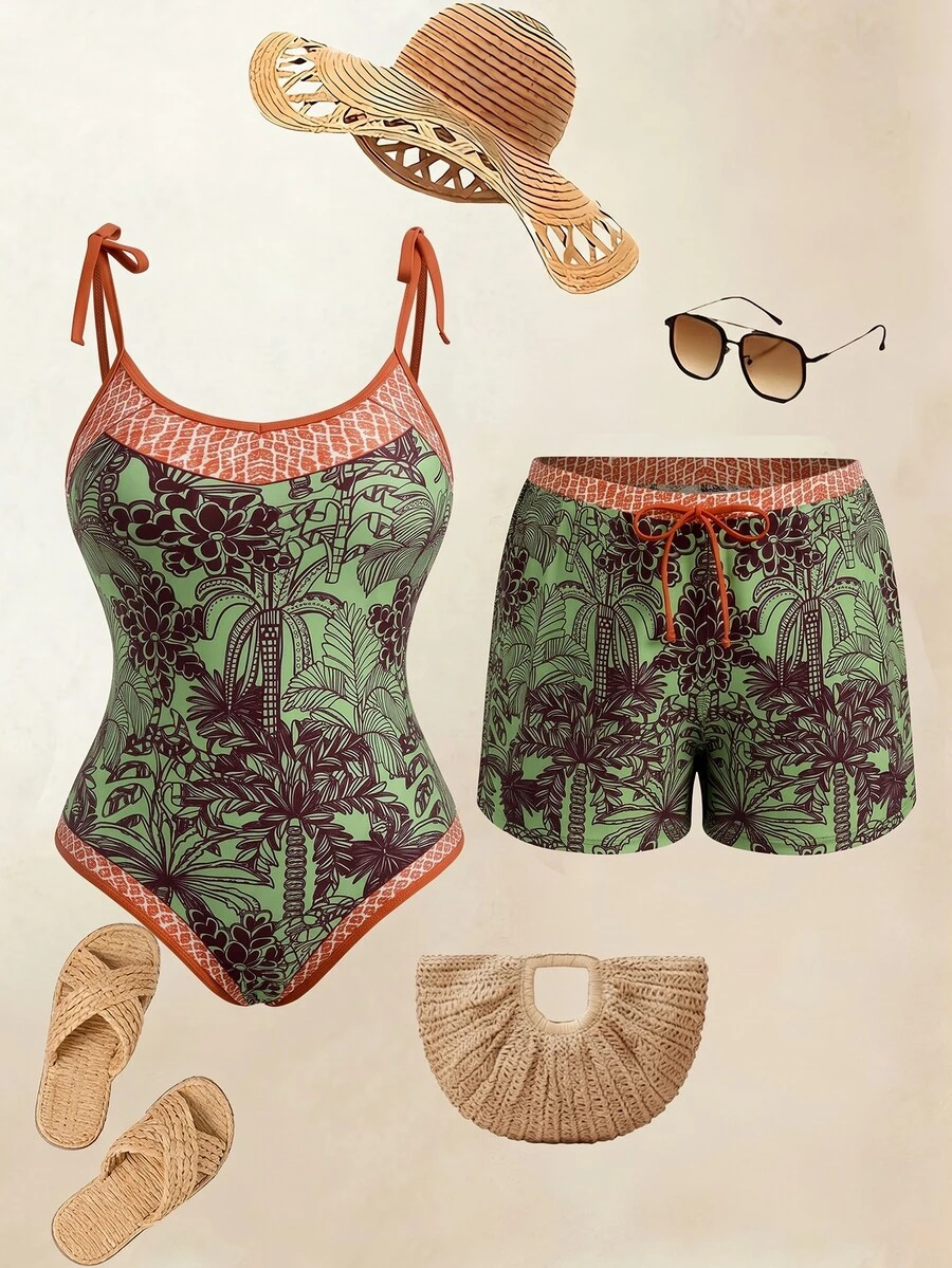 Swim Oasis Plus Size Coconut Tree Print One-Piece Swimsuit With Drawstring Waist Shorts Set - Multicolor - View 1
