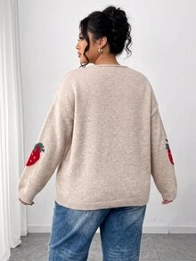 Elenzga Plus Size Autumn/Winter V-Neck Strawberry Jacquard Pullover Sweater, Loose Fit, Flattering, Soft Knit Top - Apricot - View 2