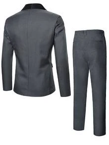 Manfinity Mode Setelan Jas Pria Kerah Syal Warna Polos dengan Kancing Depan, Blazer dan Celana Panjang, Gaya Klasik, Formal, Upacara - Dark Grey - View 2