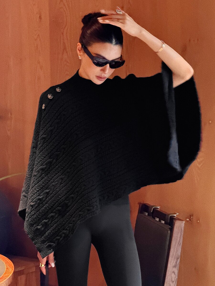 DAZY Women's Cable Knit High Neck Button Knit Top Streetwear - Black - View 1