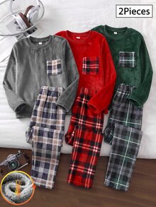 SHEIN 男童時尚休閒極簡舒適日常保暖秋冬加厚保暖內裡深綠色格紋圓領長袖上衣配拼接格紋口袋與長褲睡衣套裝 2件家居服 - 彩色 - 查看 1