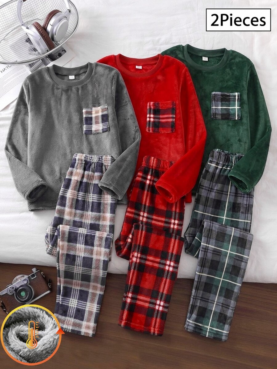 SHEIN 男童時尚休閒極簡舒適日常保暖秋冬加厚保暖內裡深綠色格紋圓領長袖上衣配拼接格紋口袋與長褲睡衣套裝 2件家居服 - 彩色 - 查看 1