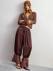 Willow Rêve Women's Brown Open Front Jacquard Knit Cardigan With Bell Sleeves - Rust Brown - View 3