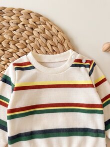 SHEIN 新生兒條紋長袖運動衫與長褲休閒套裝 - 卡其色 - 查看 5