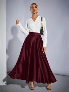 SHEIN Tall 高腰純色喇叭派對女款大寬擺裙，適合高個女性 - 紫紅色 - 查看 4