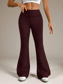 SHEIN Tall 女款高腰彈性瑜伽褲，修身健身緊身褲 深褐色休閒運動風，適合高個子女性健身房秋季穿著 - 紫紅色 - 查看 5