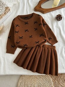 SHEIN Playful Pals Baby Girl Bow Print Long Sleeve Top And Skirt Knit Set - Coffee Brown - View 1