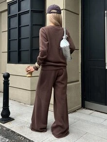 Livesso Women's Solid Color Round Neck Long Sleeve Sweater And Knitted Pants Casual Set, Autumn/Winter - Coffee Brown - View 2