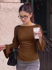 SHEIN 青少年女孩紋理極簡風百褶腰長袖襯衫 - 棕色 - 查看 3