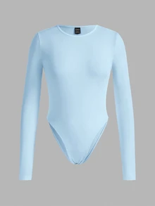 SHEIN EZwear 3件裝純色百搭對比色女款長袖修身連身衣，適合春秋穿著 - 彩色 - 查看 3