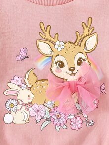 SHEIN Newborn Baby Deer Print Long Sleeve Sweatshirt And Floral Print Long Pants Casual Set - Pink - View 4