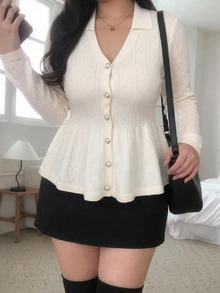 Dazy Plus Cardigan Gaya Korea Lengan Panjang Kerah Lipat Warna Polos Musim Gugur/Dingin dengan Hiasan Ruffle - Aprikot - View 5