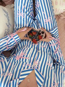 Slumberry CURVE Sweet Hot Girl Contrast Color Striped Bow Puff Wrinkle Plus Size Pajama Set - Blue - View 1