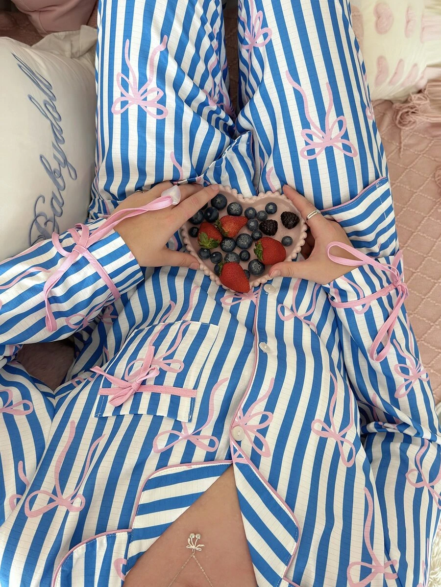 Slumberry CURVE Sweet Hot Girl Contrast Color Striped Bow Puff Wrinkle Plus Size Pajama Set - Blue - View 1