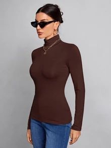 SHEIN Tall 簡約純色修身高領黑色上衣，適合秋冬，高個女性穿著 - 摩卡棕 - 查看 5