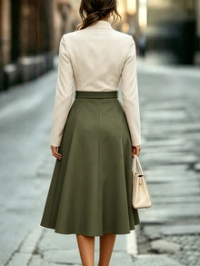SHEIN LUNE 女款春夏/秋冬新款優雅通勤收腰金屬扣對比色長袖洋裝 - 軍綠色 - 查看 2