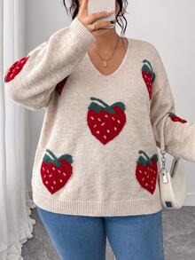 Elenzga Plus Size Autumn/Winter V-Neck Strawberry Jacquard Pullover Sweater, Loose Fit, Flattering, Soft Knit Top - Apricot - View 4