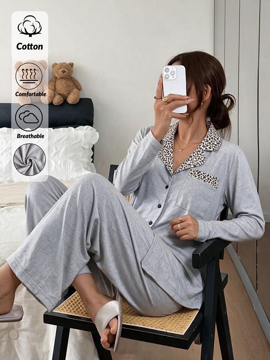 SHEIN Women Leopard Collar Shirt And Wide Leg Pants Pajama Set - Black - View 1
