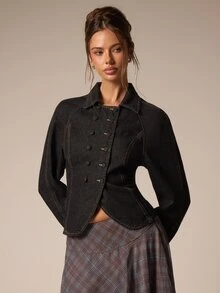 Athîral Denim Women's Fashion Double-Breasted Long Sleeve Denim Jacket - Black - View 5