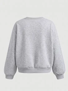 SHEIN Tween女孩蝴蝶結印花兒童針織灰色兩件套，開學季秋季休閒長袖套頭衫與寬腿運動長褲校園運動套裝 - 淺灰色 - 查看 9