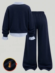 Tween Girls Fleece Lined 2-In-1 College Sweatshirt & Wide Leg Pants Set - Navy Blue - View 2
