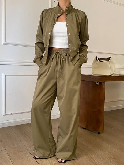Livesso Autumn/Winter Army Green Round Neck Long Sleeve Slim Fit Waist Top With High Waist Loose Wide Leg Pants Women 2 Pieces Set