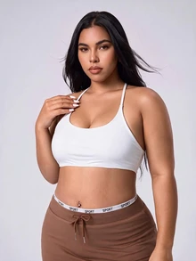 Rhythm Era Women's Plus Size Solid Color Halter Neck Everyday Fitness Sports Bra - White - View 5
