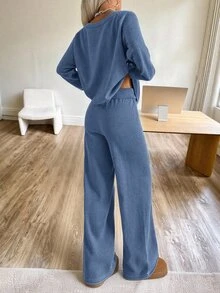 CovetEZ 粉色不對稱領長袖上衣與抽繩腰長褲休閒針織套裝，秋季，女款秋季服飾，女款冬季服飾 - 霧霾藍 - 查看 2