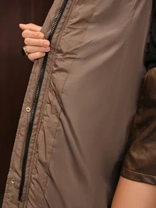 Anewsta Quilted Detachable Hood Cinched Waist Mid-Length Women's Padded Coat - Mocha Brown - View 8