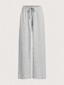 SHEIN EZwear 2色女款抽繩腰寬鬆休閒基礎寬腿居家舒適長褲，秋季女裝，巧克力棕、灰色 - 藏蓝色 - 查看 5
