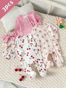 3件組新生女嬰居家服，可愛櫻桃兔子波點印花，荷葉邊長袖連腳連身衣附髮帶 - 彩色 - 查看 3