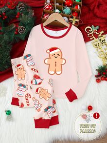 女童秋冬新款聖誕薑餅人可愛元素高彈力修身家居服套裝，2件組 - 彩色 - 查看 6
