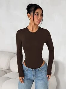 SHEIN PETITE 女款純色修身百搭日常穿著長袖緊身連身衣，黑色，秋季極簡簡約百搭，小碼 - 巧克力棕 - 查看 4