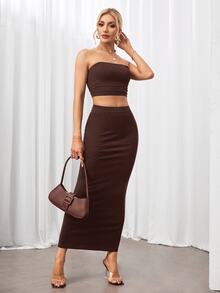SHEIN Tall 純色鉛筆裙黑色緊身裙，適合高個女性 - 咖啡棕 - 查看 7