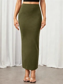 SHEIN Tall 純色鉛筆裙黑色緊身裙，適合高個女性 - 軍綠色 - 查看 1