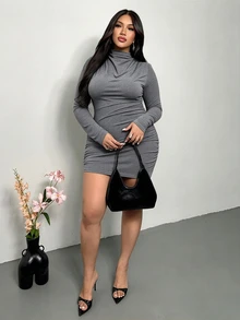 Firerie 大尺碼優雅黑色抓皺緊身迷你洋裝，秋季正式晚宴夜店女裝，修身婚禮賓客畢業禮服 - 灰色 - 查看 11