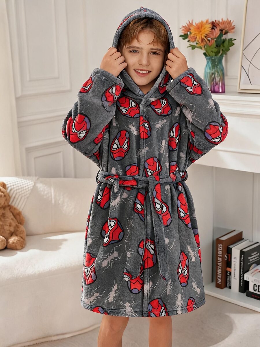 Tween Boy Cartoon Pattern Kids Long Sleeve Hooded Loungewear Robe Autumn Winter - Multicolor - View 1