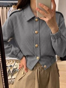 Lumalex 千鳥格飛行員西裝外套 翻領 金色鈕扣 長袖 彈性下擺 寬鬆修身剪裁，秋冬款 - 黑與白 - 查看 7