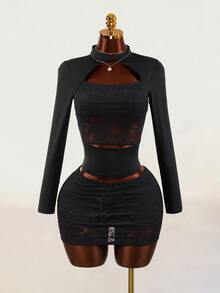 Mistrie Women's Sexy Cutout Streetwear Lace Patchwork Top - Black - View 4