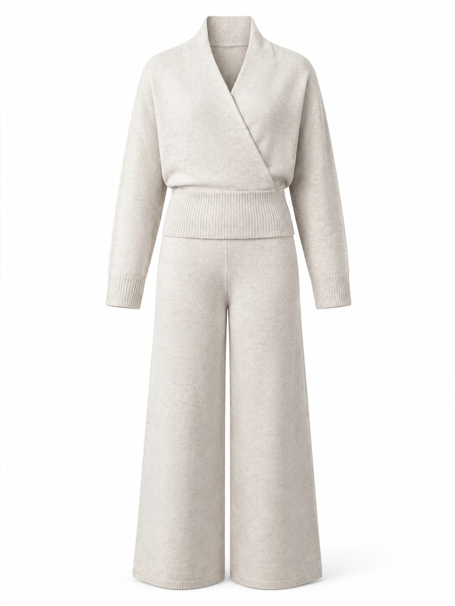 LUMIGAL Autumn/Winter Korean Style Solid Color V-Neck Criss-Cross Top & Wide Leg Pants 2 Pieces Set - Apricot - View 1