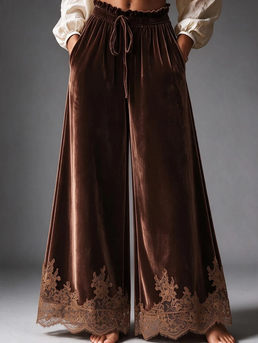 Holdful Holdful Women's Autumn Solid Color Waist Tie Wide Leg Loose Long Pants - Brown - View 1