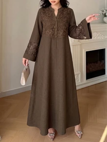 Al Najma Spring/Summer Fashion V-Neck Flared Sleeve Patchwork 3D Embroidered Lace Trim Full Skirt Dress - Brown - View 7