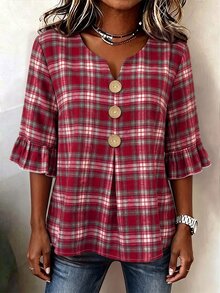 EMERY ROSE Plus Size Women's Brown Plaid Shirt With V-Neck, Button Decor And Mid-Sleeves, Plaid Top, Spring/Autumn - Red - View 4